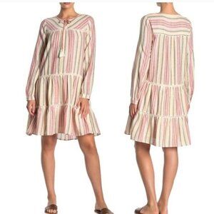 Caslon Lalita Striped Long Sleeve Cotton/Linen Tiered Boho Dress